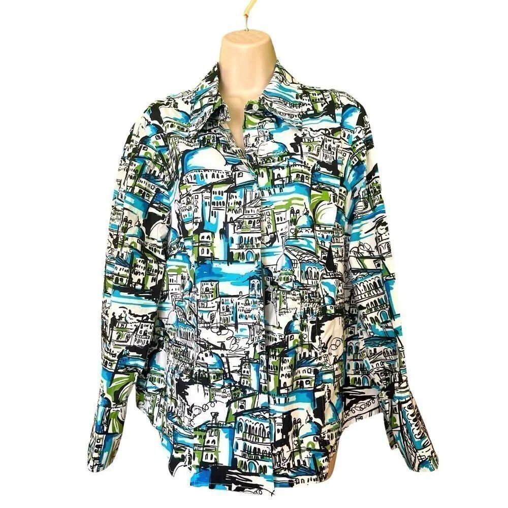 LANE BRYANT XL 14/16 WHITE Blue Green CITYSCAPE BUTTON DOWN SHIRT LONG SLEEVE